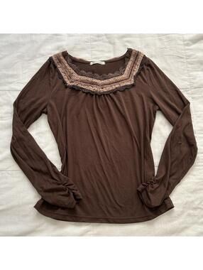 Axes Femme Brown Pearl Lace Bow Back Top Size M Japan